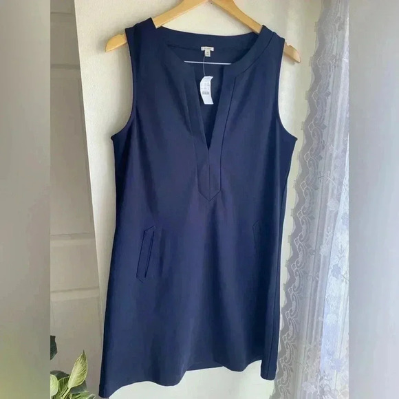 J Crew NWT Navy Sleeveless Shift Dress Notched V Neck Pockets Midi Cotton A-Line - Picture 1 of 11